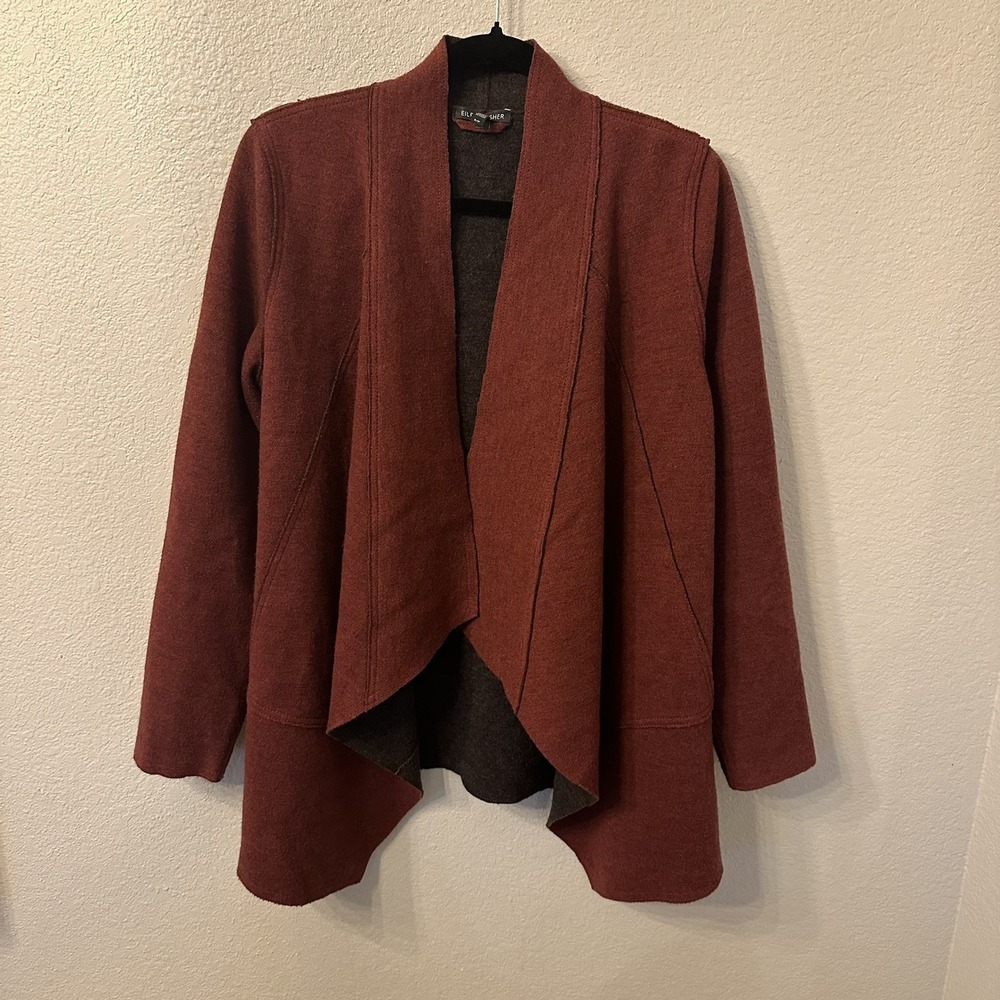EILEEN FISHER Cardigan S Merino Wool Double Knit Draped Open Front Sweater Red